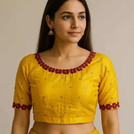 Yellow Boat Neck Fall Mirror Work Blouse || Round Cut back 